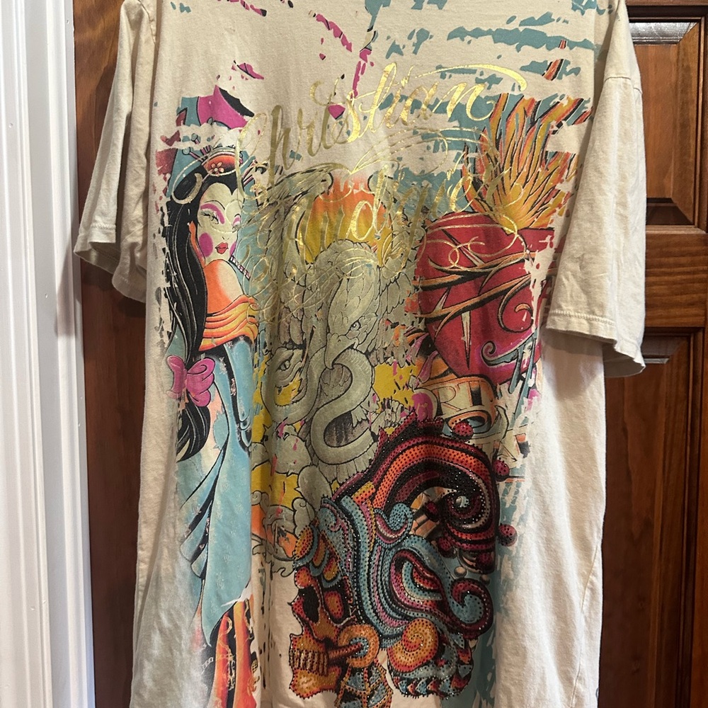 Christian Audigier White Multi-Color Graphic Short Sleeve Tee with Gold Script - Picture 2 of 5
